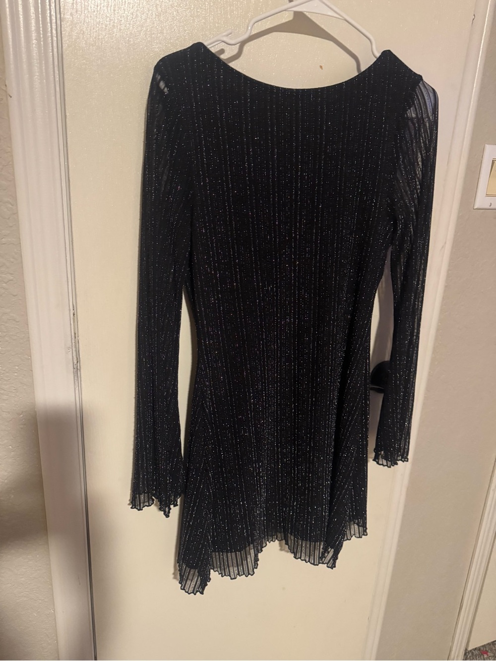 Black Shimmer Long-Sleeve Pleated Dress